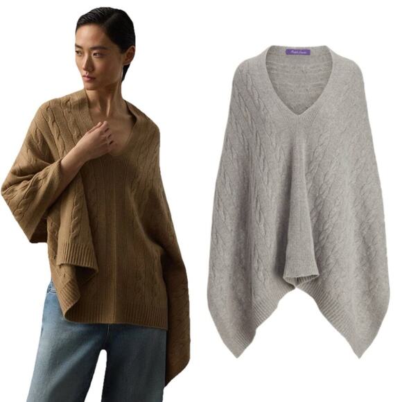 Ralph Lauren Collection Cable Knit Cashmere Poncho Scarf Sweater Gray NWT S M L - Picture 1 of 10